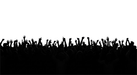 High-contrast black silhouette of a diverse, tightly packed crowd with hands raised high, isolated on a transparent studio backdrop with generous copy space, concept of collective enthusiasm and unity