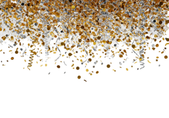 high-detail metallic gold and silver geometric confetti and iridescent streamers falling rapidly, frozen mid-air with hard light on a transparent background. luxurious celebration concept