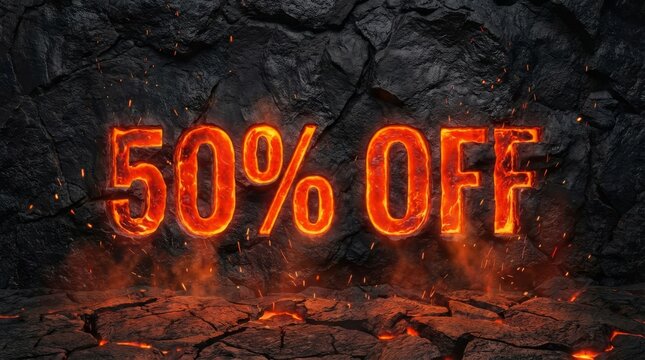Fiery Fifty Percent Off Sale - Intense 50% off sale announcement carved into dark volcanic rock with glowing magma. Concepts: Savings, promotion, limited time offer, hot deal, discount