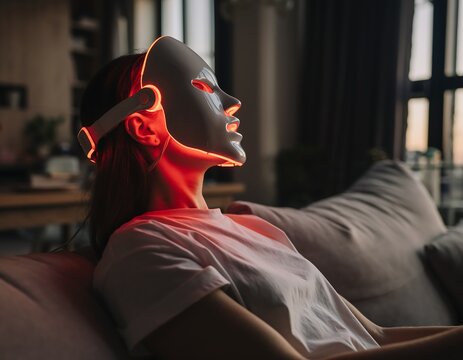 Side profile of woman relaxing at home using futuristic LED light therapy face mask for anti-aging skin treatment