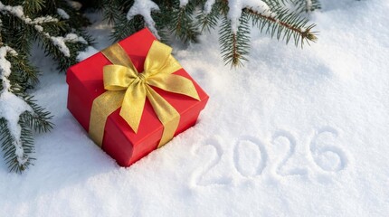 Obraz premium Gift in Snow for 2026 - A red gift box with gold ribbon on snow near a snowy pine branch and the year 2026 written in the snow