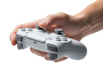 Macro shot of a light-skinned male hand precisely gripping a matte white wireless game controller, isolated on a transparent background with copy space. Concept of modern e-sports control