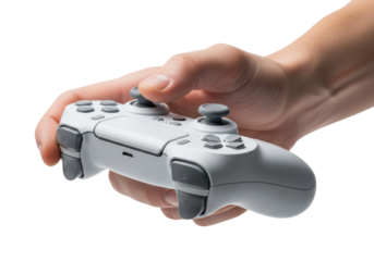 Macro shot of a light-skinned male hand precisely gripping a matte white wireless game controller, isolated on a transparent background with copy space. Concept of modern e-sports control