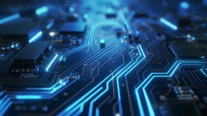 Close-up view of a futuristic circuit board with glowing blue lines, representing advanced technology and digital data flow. - Powered by Adobe