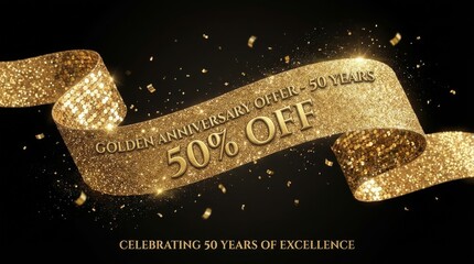Golden Anniversary Celebration Offer - A shimmering golden ribbon banner announces a 50% off deal for a golden anniversary celebration against a dark background