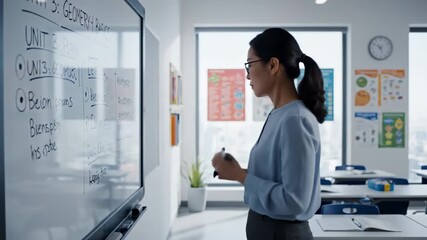 Asian Teacher Writing Math Equations on Whiteboard in Classroom. - Powered by Adobe
