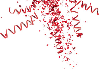 dynamic cascade of glossy scarlet and crimson foil confetti and metallic red streamers with motion blur on a high-key white background, concept for festive advertising overlay