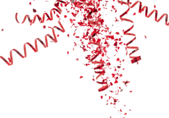 dynamic cascade of glossy scarlet and crimson foil confetti and metallic red streamers with motion blur on a high-key white background, concept for festive advertising overlay