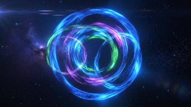 Abstract cosmic energy field visualization with luminous ring structures in a mesmerizing display of colorful particle effects.