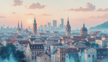 Obraz premium Cityscape at Sunrise with Historical Domes and Modern Skyscrapers in Misty Light.