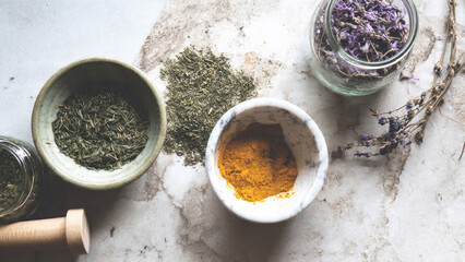 Overhead shot of various herbs and spices