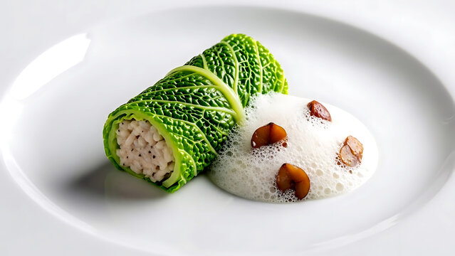 Haute cuisine. Italian involtini di verza, delicate savoy cabbage leaves stuffed with truffled risotto, served on a minimalist white plate with a chestnut foam 