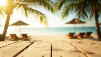 Tranquil beach scene with wooden deck in the foreground, palm trees, umbrellas, and ocean background