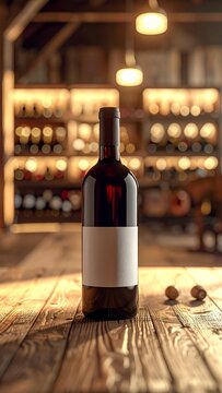 Red Wine Bottle with Blank Label on Rustic Wooden Table in a Cozy Bar Setting.
