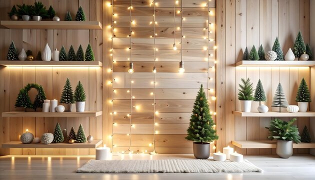 Cozy Christmas scene with twinkling lights and a small evergreen tree displayed on a wooden wall with shelves and candles