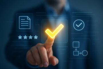 Man touching glowing check mark icon virtual screen