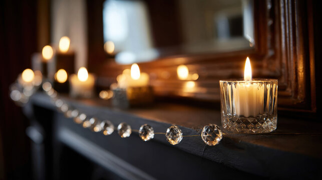 Warm candlelight reflecting on a crystal bead garland along an elegant dark mantelpiece