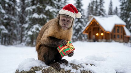 Monkey Wearing Santa Hat Holding Gift - A monkey in a Santa hat holds a Christmas gift in a snowy winter scene with a cabin in the background