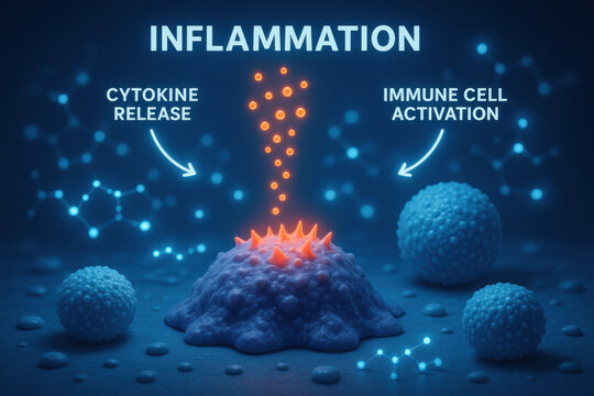 Scientific inflammation mechanism diagram showing cytokine release and immune cell activation. medical biology illustration of cellular response and glowing marker