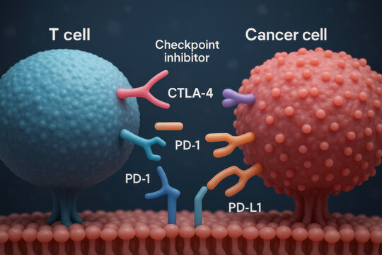 Medical immunotherapy diagram of cancer cell treatment. T cell reactivation by checkpoint inhibitor drug blocking molecule for hopeful and innovative breakthrough