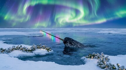 Obraz premium Narwhal Under Northern Lights - Narwhal swimming under aurora borealis. Ice, water, and light symbolize arctic beauty, nature’s wonder, environmental fragility, magical realism, and polar exploration