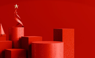 Minimalist red christmas product display podiums with ribbon tree and stars. 3D rendering