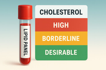 Blood test tube with cholesterol level chart showing high borderline and desirable range color coded medical diagnostic tool for cardiovascular health monitoring