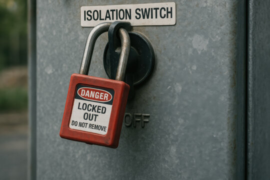 Red lockout padlock for safety and compliance attached to an isolation switch on weathered outdoor power distribution box, conveying strong sense of danger and security