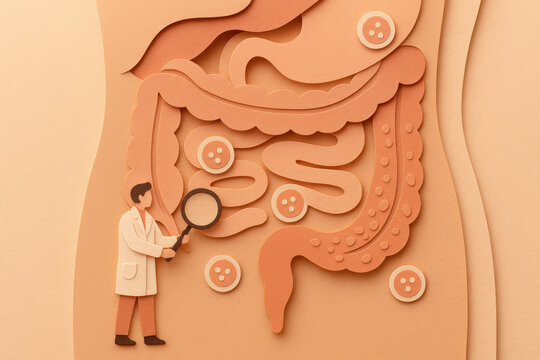 Doctor examining intestinal system with magnifying glass for digestive health education medical illustration in paper cut style featuring colon anatomy and microbiome concept