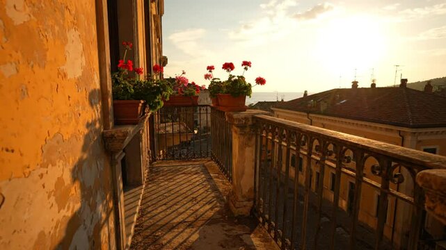 Scenic balcony view of red geraniums with sunrise over the historic European town with orange building