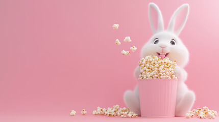 Cute rabbit holding a popcorn box on a pink banner, perfect for web, blog, flyer, or banner designs. Fun, playful, and eye-catching for any digital or print project.