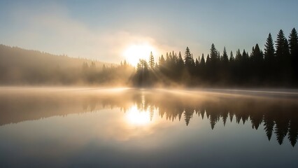 Sunrise over misty forest lake with sun rays breaking through fog and silhouetted pine trees reflecting in calm water serene nature landscape tranquil morning scene