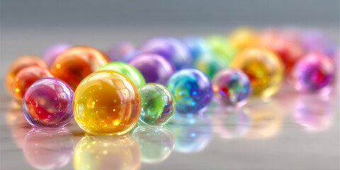 Colorful glass marbles arranged in a line on a reflective surface. The marbles display various hues including orange, purple, green, and blue.