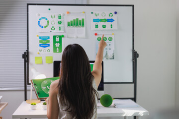 Woman presenting esg strategy with charts on whiteboard