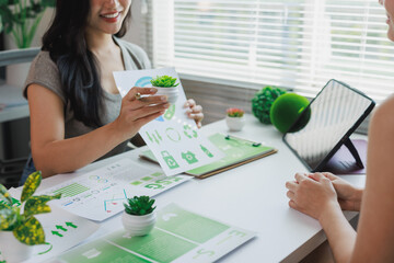 Woman discussing esg strategy and green business development