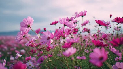 Vibrant pink cosmos flowers blooming in a tranquil meadow at sunset