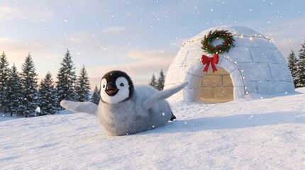 Penguin Holiday Season on Snow - Cartoon baby penguin enjoys winter season, sliding on snow with an igloo decorated for holidays. Symbolizing joy, celebration, arctic life, childhood, and festivity
