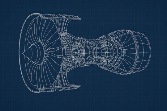 Wireframe jet engine blueprint illustration showing advanced technology. This engineering design drawing of turbine shows future of power and propulsion with clean lines