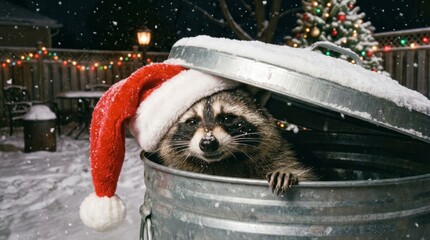 Raccoon in Trash Can with Santa Hat - Raccoon wearing a Santa hat, symbolizes humor, wildlife, holidays, resilience, and surprise. Festive and funny, raccoon in a trash can during winter snowfall