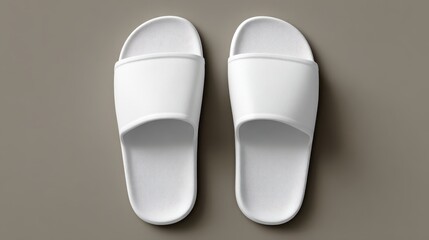 Fototapeta premium Pair of white spa slippers shot from a top view, representing comfort, hotel amenities, hygiene, relaxation, and wellness in a minimalist design