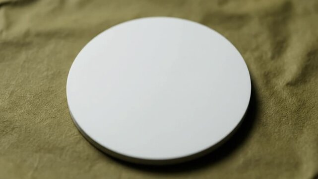 Close-up of a white, circular ceramic coaster resting on a textured olive green fabric surface