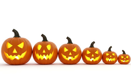 Halloween pumpkins of various sizes with carved faces