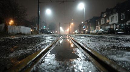 Icy tram tracks running through residential street at night with glowing streetlights reflecting on wet road in foggy winter city