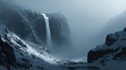 Frozen waterfall cascading down steep rocky cliffs surrounded by snow and mist creating dramatic cold winter landscape in remote mountain gorge
