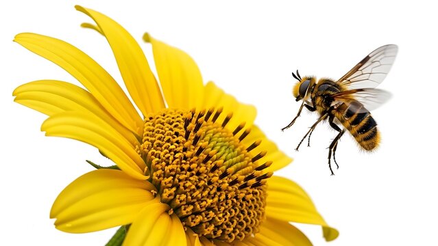 Bee flying towards a vibrant yellow flower on a white background. - Powered by Adobe