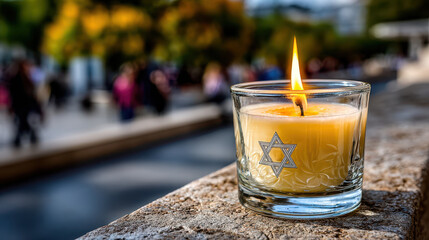 Star of david candle in glass holder for hanukkah and jewish celebrations