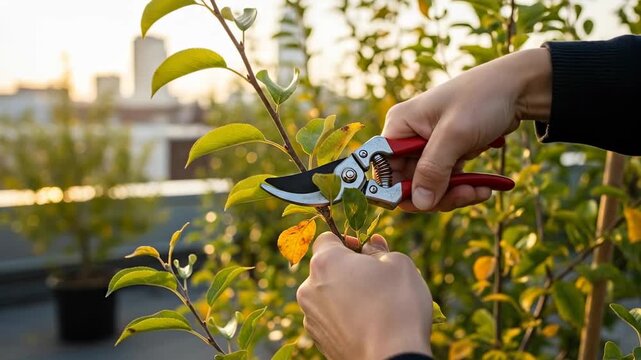 Close-up of hands pruning a plant with shears on a sunny day, showcasing gardening and plant care.