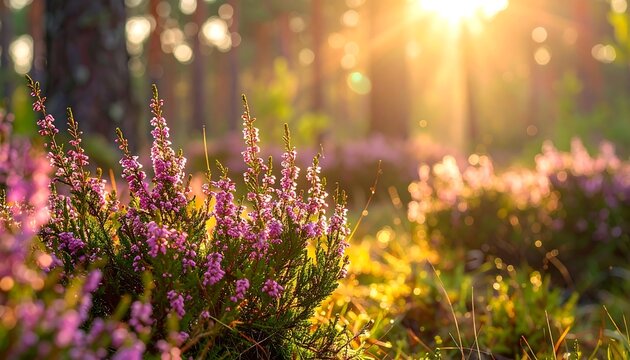 Close-up of heather blossoms bathed in warm sunlight, forest background - Powered by Adobe
