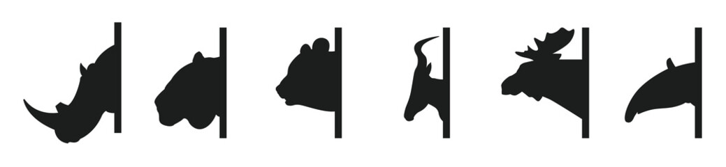 Moose Head Tattoo Style Silhouette, Animal.Set with silhouettes of a deer and others animal head in various positions isolated on a white background. Vector illustration.