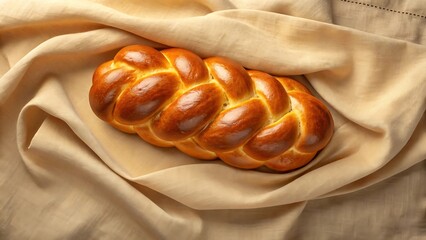 Golden braided challah bread resting on a textured beige cloth